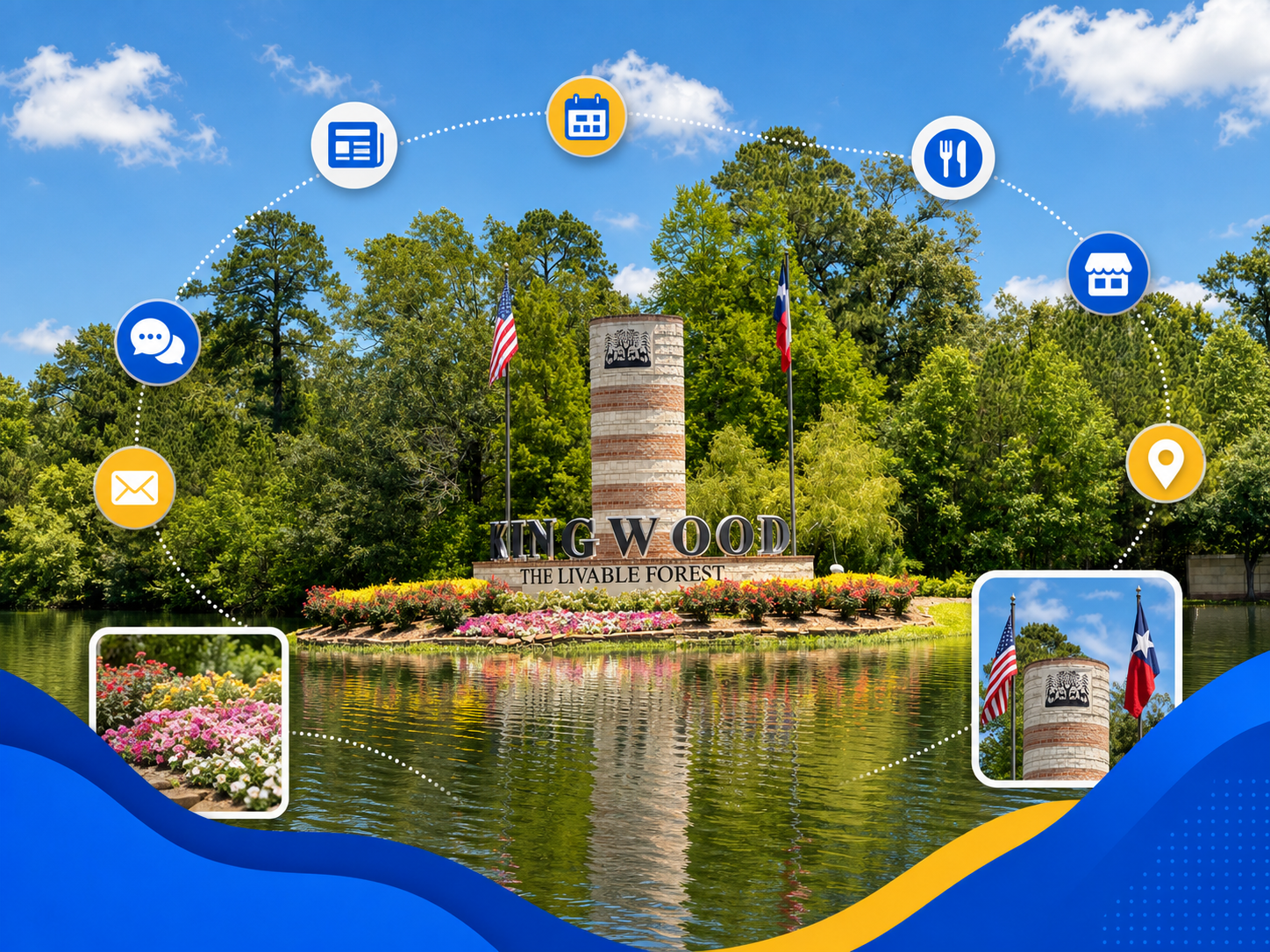 Kingwood's Livable Forest landmark surrounded by connected local community and media icons