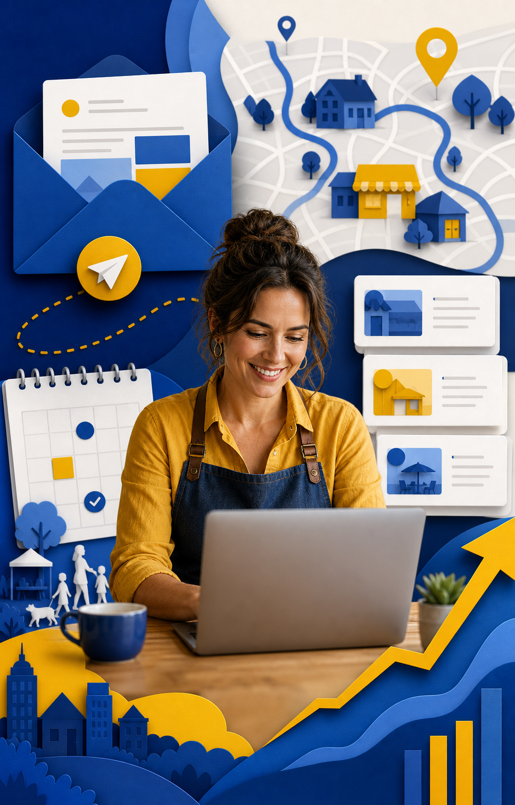 Illustration of a local business owner connecting with nearby customers through email, maps, and community advertising